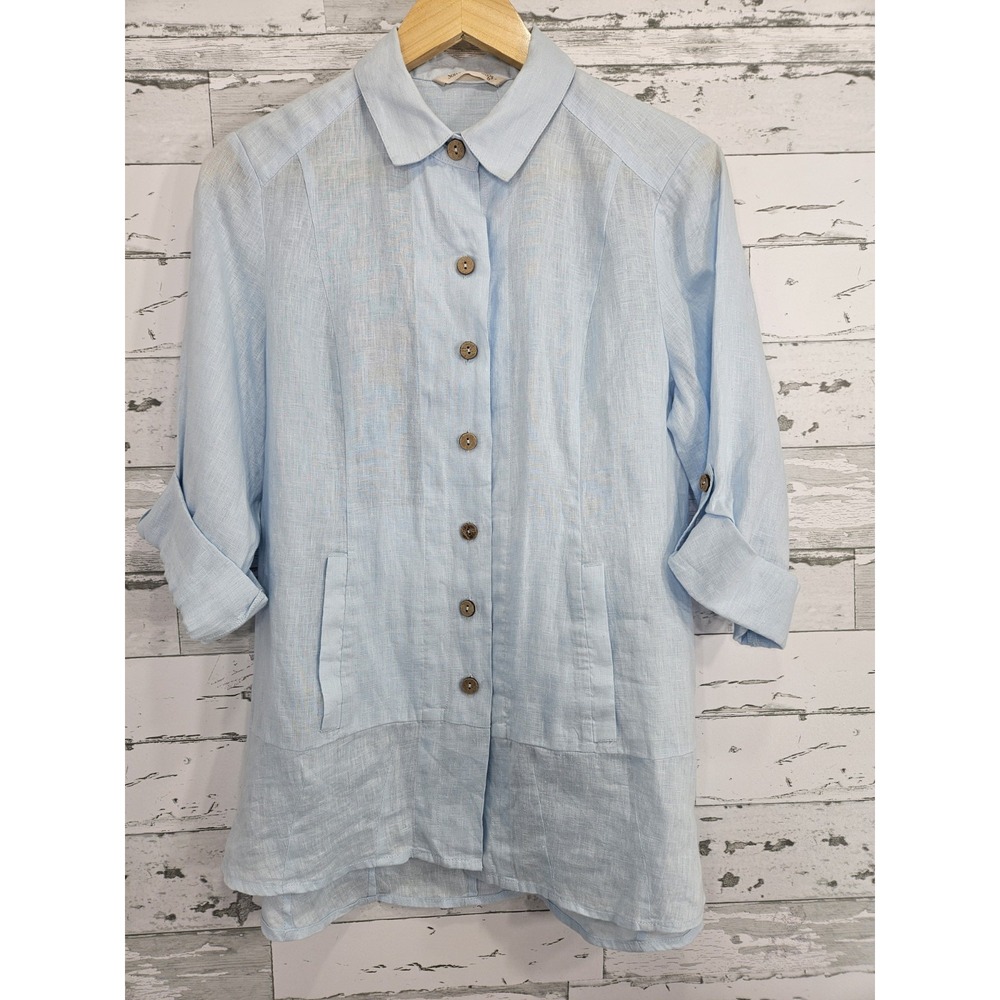 Soft Surroundings Womens Petite PS Island Breeze Linen Tunic Shirt‎ Light Blue